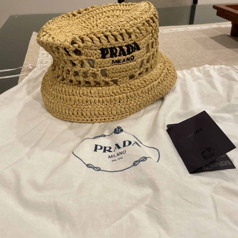 PRADA New Raffia Bucket Hat Tan size L
